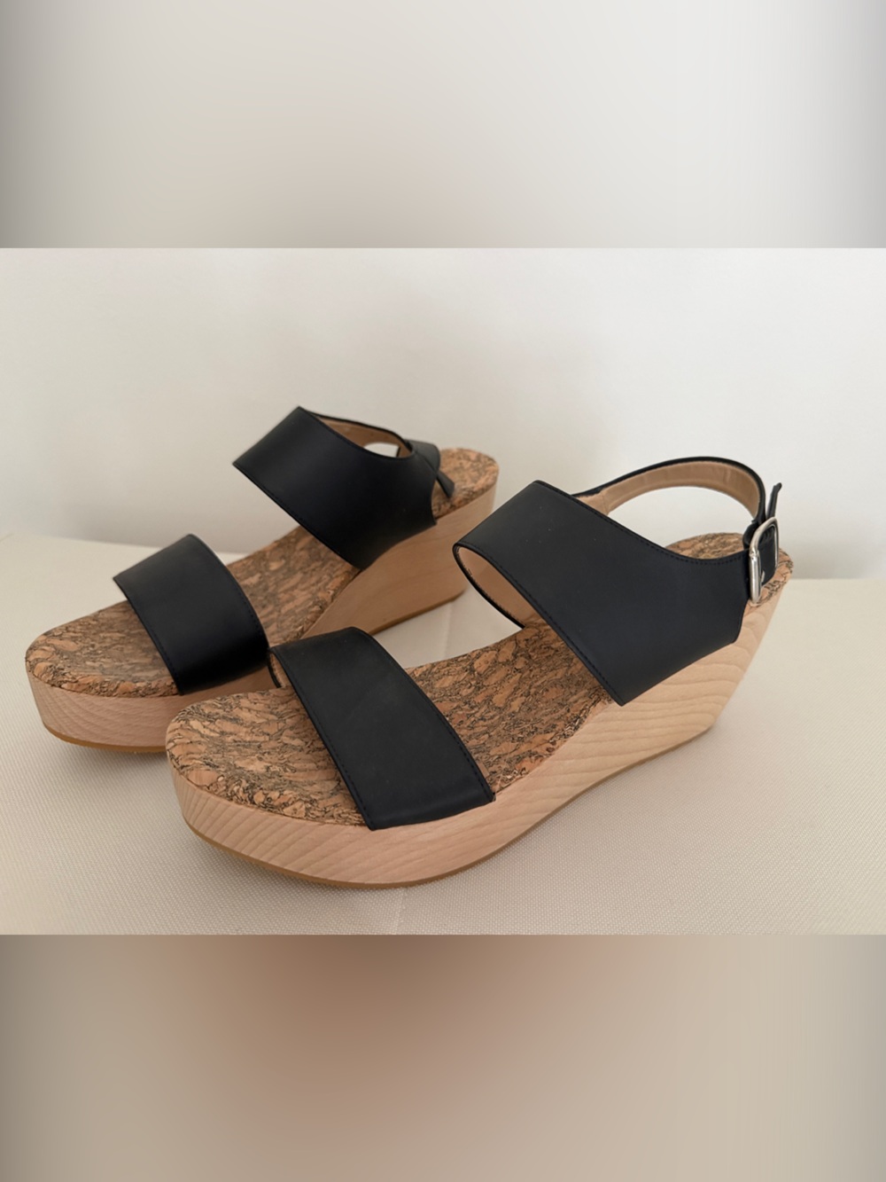 Original Sydney Brown vegan Black Platform Cork Wedge Sandals